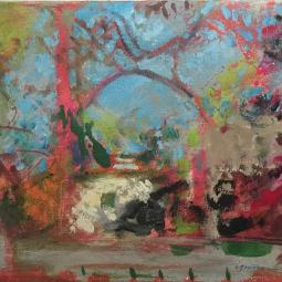 Paysage (fond rouge), 2017, huile sur toile, 22x27 cm